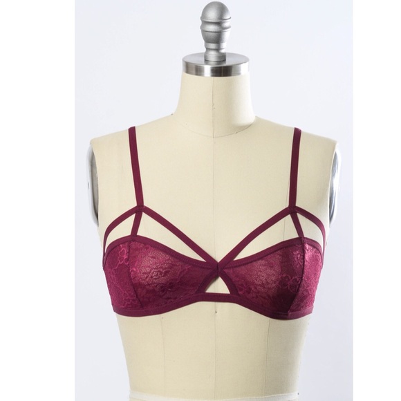 Burgundy Fall Lace Cut Out Strappy Bra Bralette - Picture 2 of 4